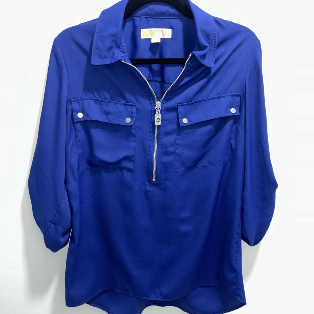 Michael Kors Navy Half-Zip Roll-Tab Sleeve Front‎ Snap Pockets, Medium Blouse
